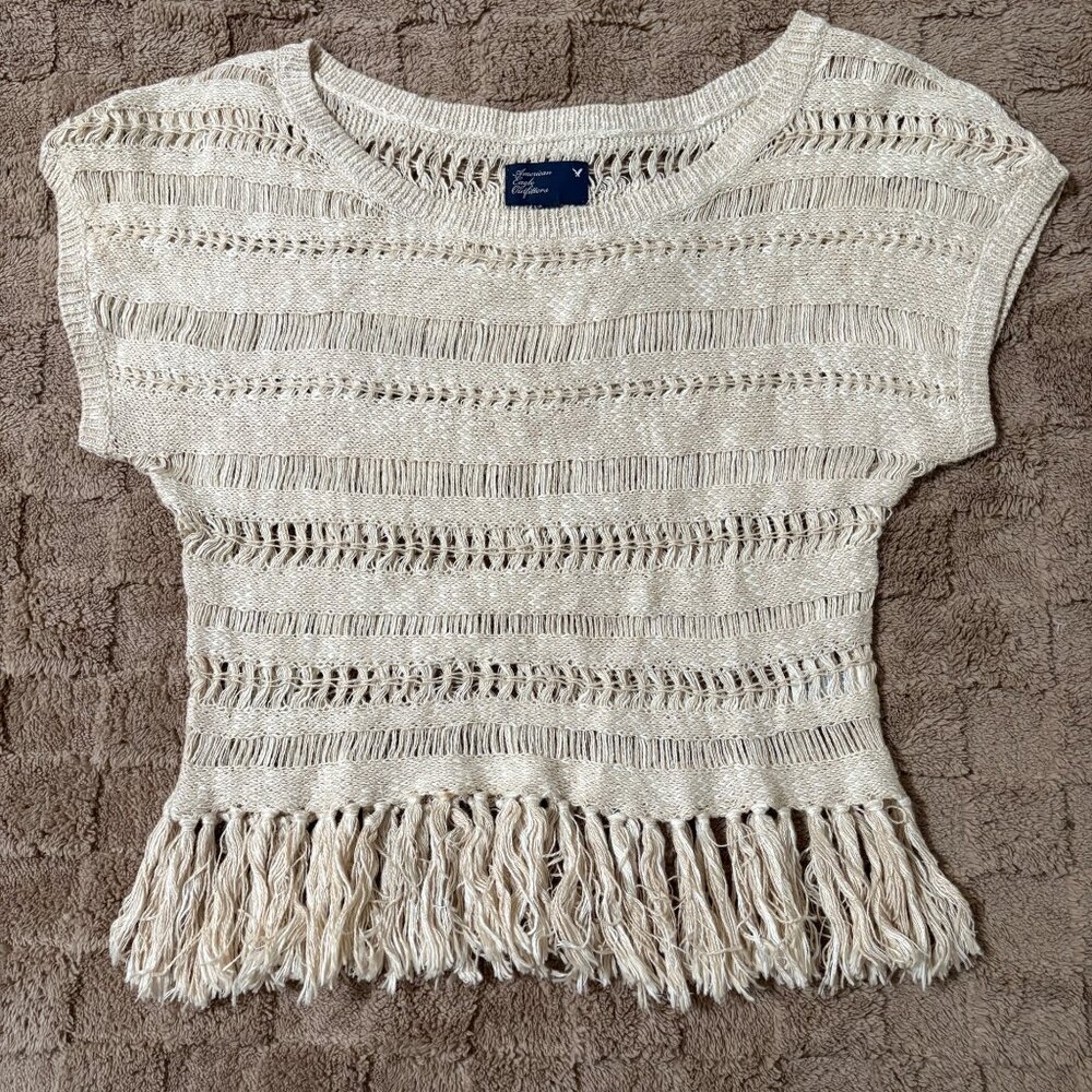 American Eagle Outfitters Crochet Woven Tassel Fringe Boho Top Oatmeal S